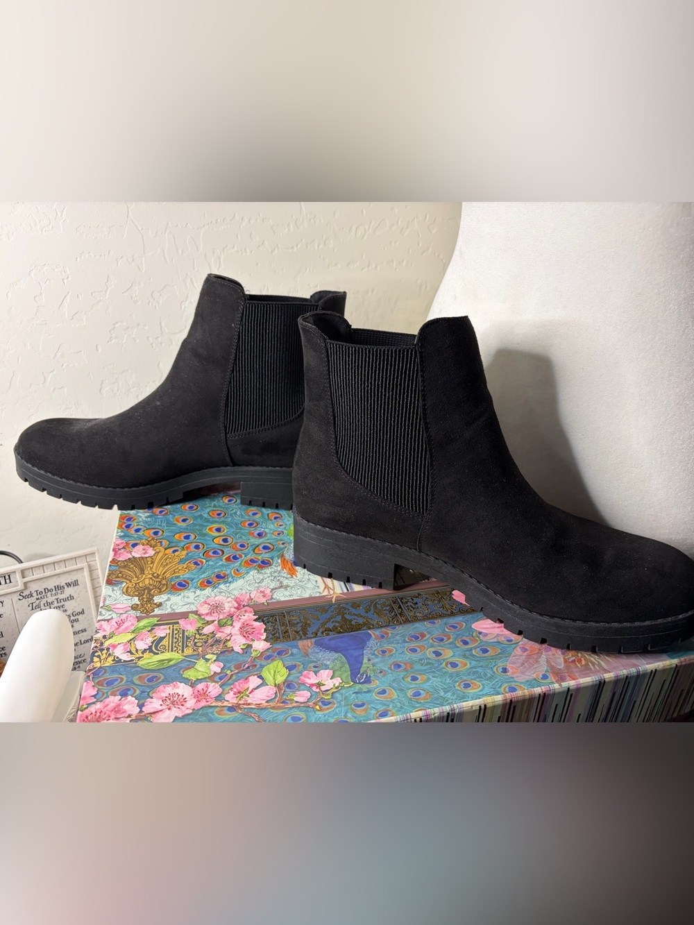 PrettyLittleThing Black Wide Fit Faux Suede Chunky Chelsea Boots - Size 10W